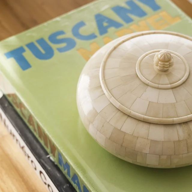 Libros decorativos sobre mesita de café.