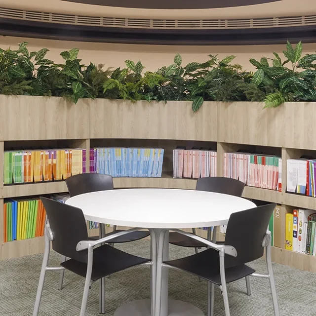 Zona de trabajo libre rodeada de libros de la editorial y plantas decorativas.